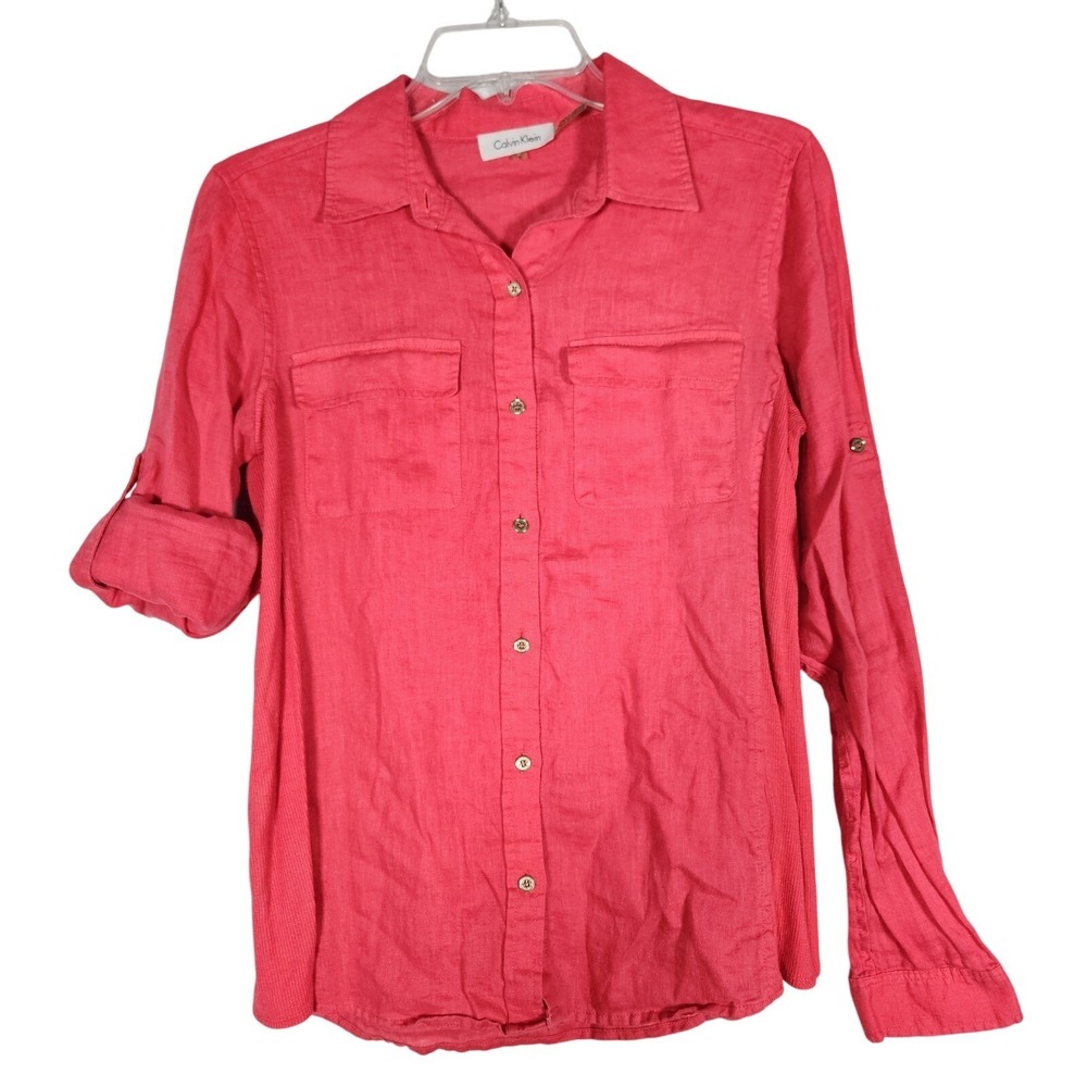 Calvin Klein Top‎ Women's S Hot Pink Linen Roll Tab Sleeve Button Up Lightweight